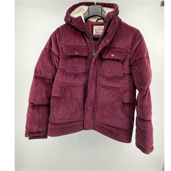Levi's Other - Levi Strauss Corduroy Puffer Jacket Mens Medium Burgundy Hooded Sherpa LM2RC416